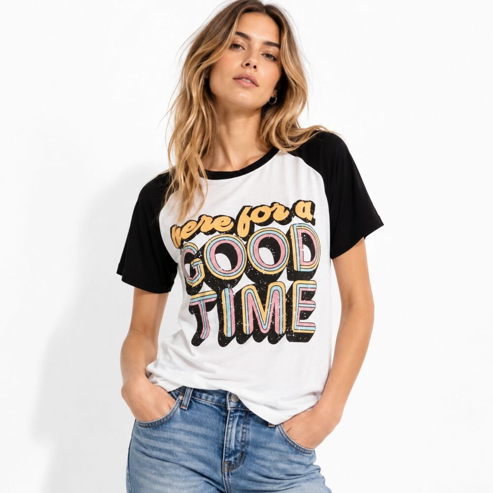 Boutique Here For A Good Time Graphic Raglan T Shirt Top Retro 70s Black White L